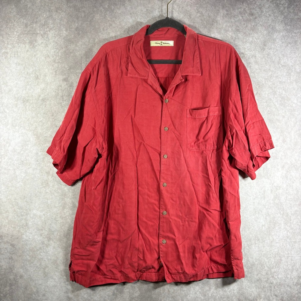 Tommy Bahama Shirt Mens XL Red 100% Silk Short Sleeve Button Front Camp Tropical